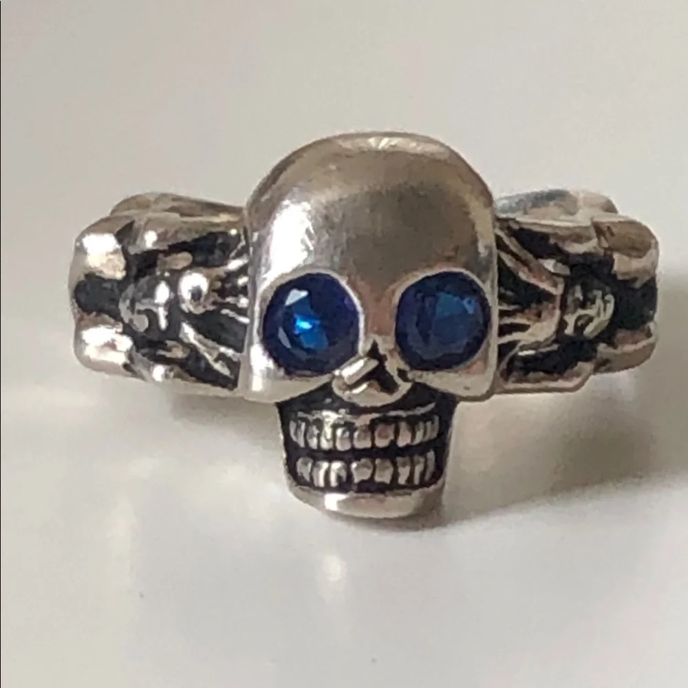 11.25 size 925 sterling silver biker skull ring blue cz stones eyes